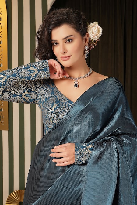 Shop Soniya G Blue Silk, Lycra Embroidery V-neck Pleated Saree And Floral Blouse Set Online at Aza Fashions Shop_Soniya G_Blue Silk, Lycra Embroidery V-neck Pleated Saree And Floral Blouse Set _Online_at_Aza_Fashions