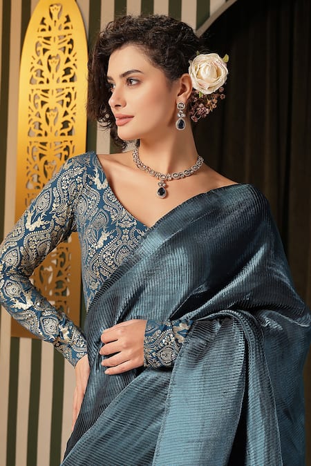 Soniya G Blue Silk, Lycra Embroidery V-neck Pleated Saree And Floral Blouse Set at Aza Fashions Soniya G_Blue Silk, Lycra Embroidery V-neck Pleated Saree And Floral Blouse Set _at_Aza_Fashions