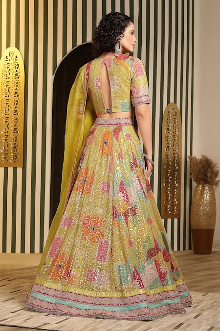 Shop_Soniya G_Green Organza, Georgette Diamonds, Gota Patti, Embellished Lime Lehenga Set _at_Aza_Fashions