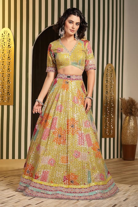 Soniya G_Green Organza, Georgette Diamonds, Gota Patti, Embellished Lime Lehenga Set _Online_at_Aza_Fashions