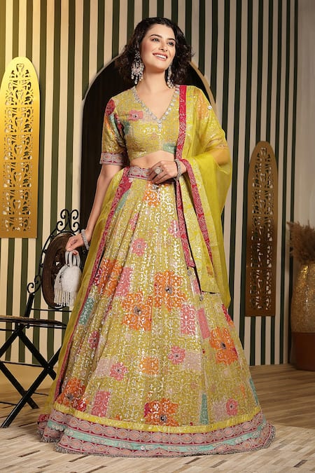Shop_Soniya G_Green Organza, Georgette Diamonds, Gota Patti, Embellished Lime Lehenga Set _Online_at_Aza_Fashions