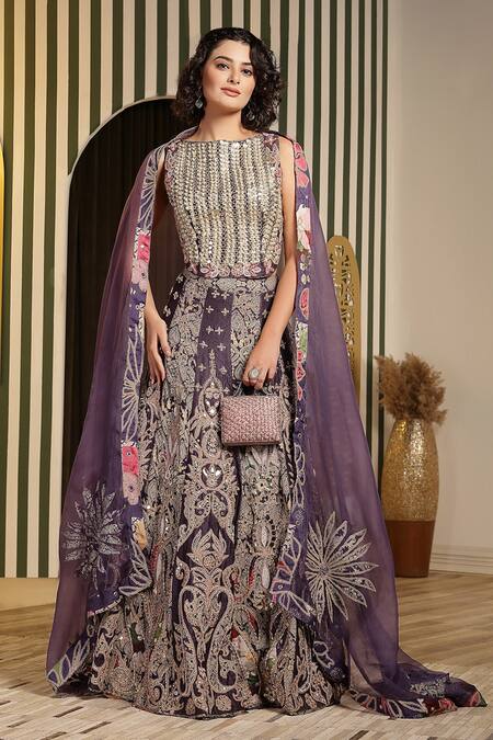 Buy_Soniya G_Purple Organza, Chanderi Silk Beads, Floral Dori Embellished Lehenga Set _Online_at_Aza_Fashions