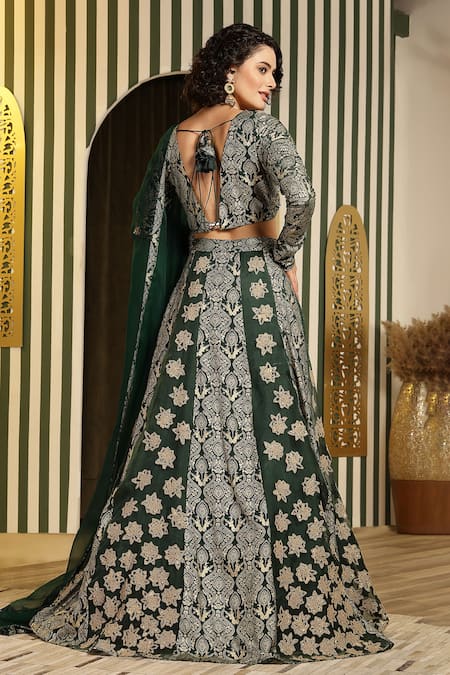 Shop_Soniya G_Green Georgette, Organza Gota Patti, Mughal Floral Embellished Lehenga Set _at_Aza_Fashions