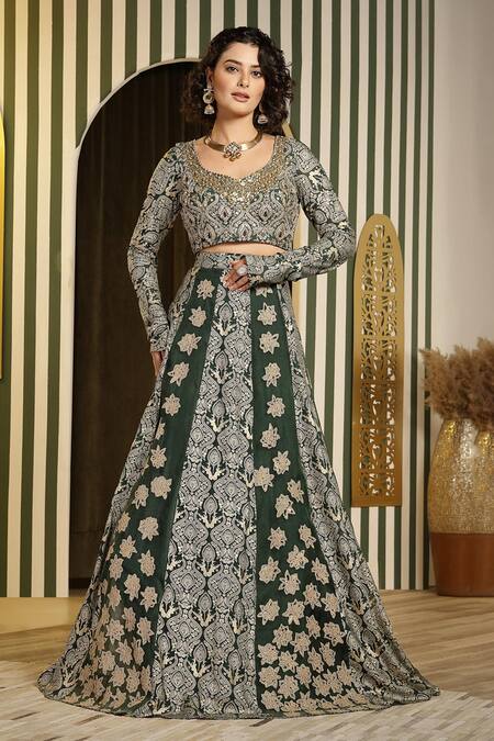 Soniya G_Green Georgette, Organza Gota Patti, Mughal Floral Embellished Lehenga Set _Online_at_Aza_Fashions