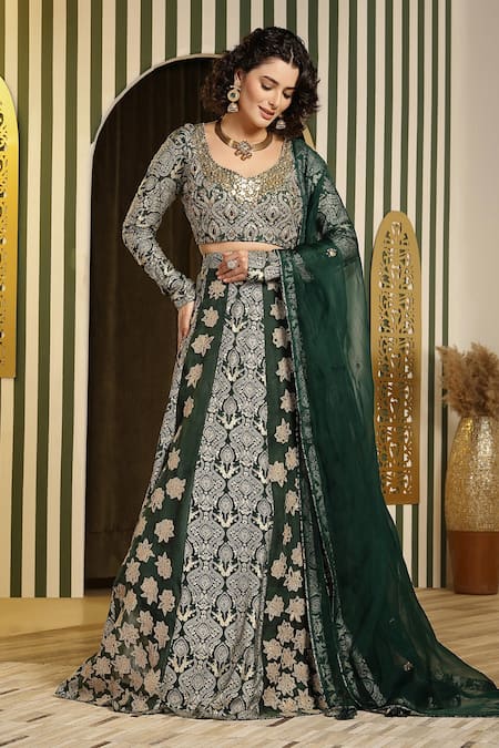 Buy_Soniya G_Green Georgette, Organza Gota Patti, Mughal Floral Embellished Lehenga Set _Online_at_Aza_Fashions