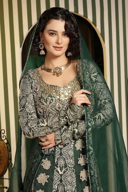 Shop_Soniya G_Green Georgette, Organza Gota Patti, Mughal Floral Embellished Lehenga Set _Online_at_Aza_Fashions