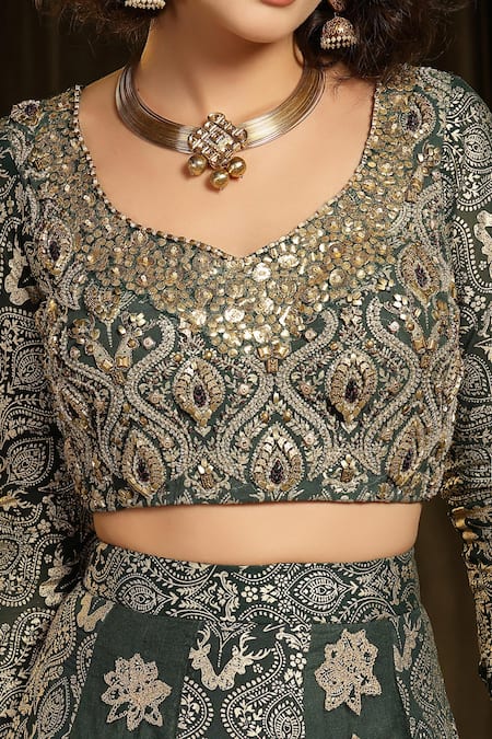 Soniya G_Green Georgette, Organza Gota Patti, Mughal Floral Embellished Lehenga Set _at_Aza_Fashions