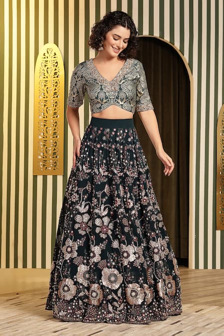 Soniya G_Green Organza, Georgette Beads, Foil Printing, Teal Embellished Lehenga Set _Online_at_Aza_Fashions