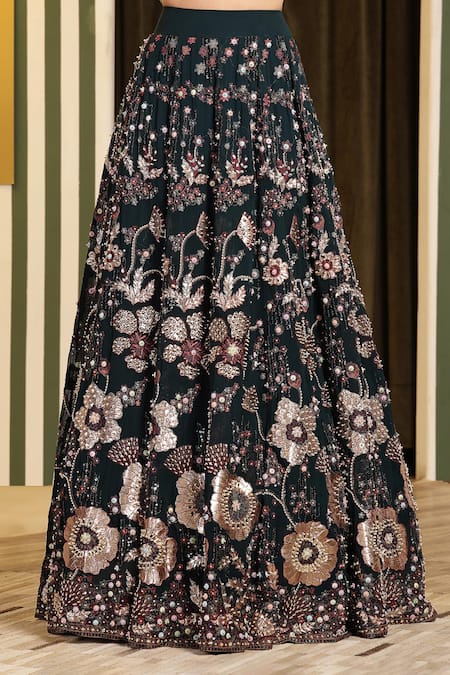 Buy_Soniya G_Green Organza, Georgette Beads, Foil Printing, Teal Embellished Lehenga Set _Online_at_Aza_Fashions