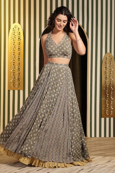 Soniya G_Green Georgette, Silk Mirrors, Beads, Embellished Bandhani Print Lehenga Set _Online_at_Aza_Fashions
