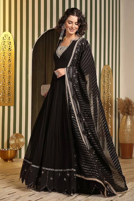 Shop_Soniya G_Black Organza, Georgette Embroidery, Chikankari Anarkali Set With Dupatta _Online_at_Aza_Fashions