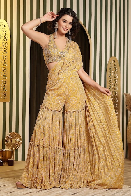 Soniya G Yellow Georgette, Silk Mirrors, Bandhej Print Pre-draped Gharara Saree Online at Aza Fashions Soniya G_Yellow Georgette, Silk Mirrors, Bandhej Print Pre-draped Gharara Saree _Online_at_Aza_Fashions