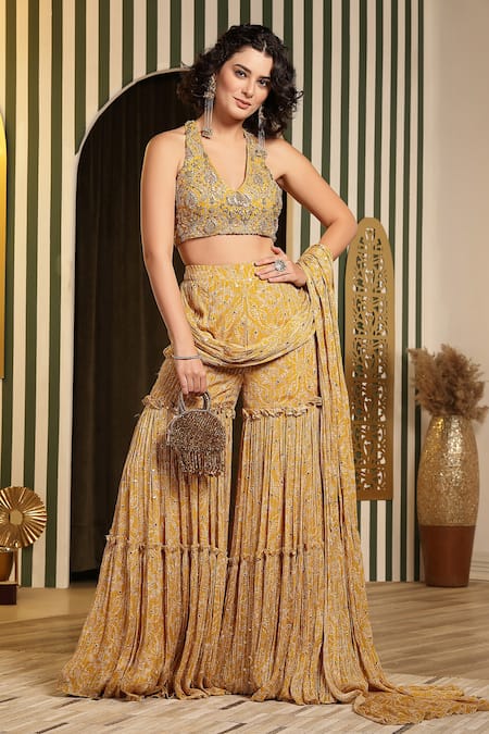 Buy Soniya G Yellow Georgette, Silk Mirrors, Bandhej Print Pre-draped Gharara Saree Online at Aza Fashions Buy_Soniya G_Yellow Georgette, Silk Mirrors, Bandhej Print Pre-draped Gharara Saree _Online_at_Aza_Fashions