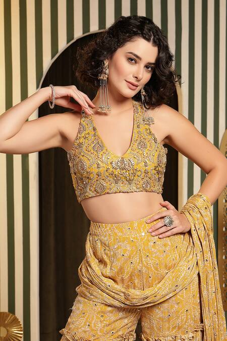 Shop Soniya G Yellow Georgette, Silk Mirrors, Bandhej Print Pre-draped Gharara Saree Online at Aza Fashions Shop_Soniya G_Yellow Georgette, Silk Mirrors, Bandhej Print Pre-draped Gharara Saree _Online_at_Aza_Fashions