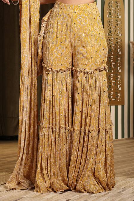 Soniya G Yellow Georgette, Silk Mirrors, Bandhej Print Pre-draped Gharara Saree at Aza Fashions Soniya G_Yellow Georgette, Silk Mirrors, Bandhej Print Pre-draped Gharara Saree _at_Aza_Fashions