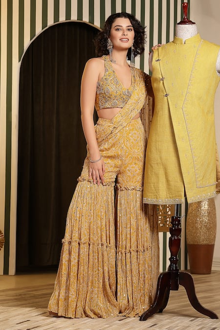 Buy Soniya G Yellow Georgette, Silk Mirrors, Bandhej Print Pre-draped Gharara Saree Buy_Soniya G_Yellow Georgette, Silk Mirrors, Bandhej Print Pre-draped Gharara Saree