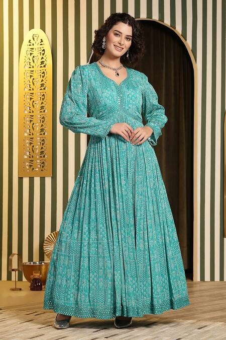 Soniya G Blue Georgette, Silk Mirrors, Embroidery V-neck Floral Bandhej Anarkali Set Online at Aza Fashions Soniya G_Blue Georgette, Silk Mirrors, Embroidery V-neck Floral Bandhej Anarkali Set_Online_at_Aza_Fashions