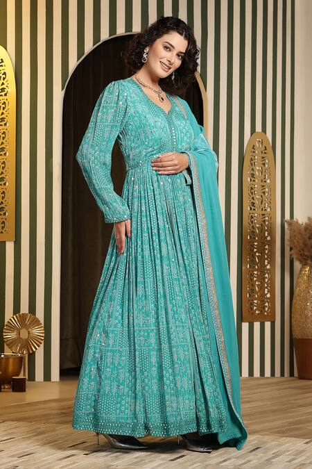Buy Soniya G Blue Georgette, Silk Mirrors, Embroidery V-neck Floral Bandhej Anarkali Set Online at Aza Fashions Buy_Soniya G_Blue Georgette, Silk Mirrors, Embroidery V-neck Floral Bandhej Anarkali Set_Online_at_Aza_Fashions