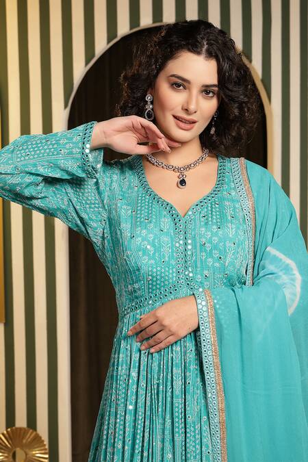 Shop Soniya G Blue Georgette, Silk Mirrors, Embroidery V-neck Floral Bandhej Anarkali Set Online at Aza Fashions Shop_Soniya G_Blue Georgette, Silk Mirrors, Embroidery V-neck Floral Bandhej Anarkali Set_Online_at_Aza_Fashions