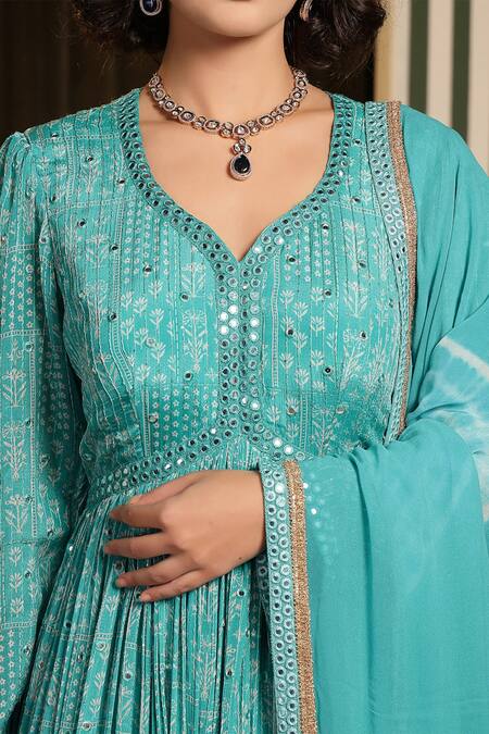 Soniya G Blue Georgette, Silk Mirrors, Embroidery V-neck Floral Bandhej Anarkali Set at Aza Fashions Soniya G_Blue Georgette, Silk Mirrors, Embroidery V-neck Floral Bandhej Anarkali Set_at_Aza_Fashions