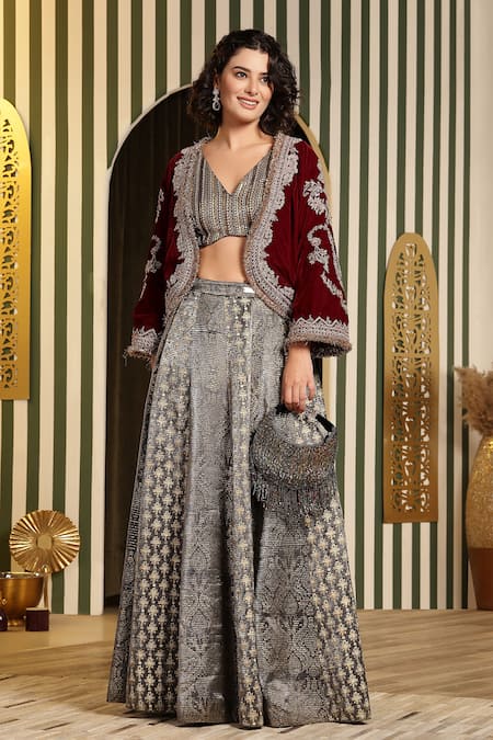 Soniya G_Maroon Velvet, Silk Zari, Metallic Thread, Dori Embellished Jacket Lehenga Set _Online_at_Aza_Fashions