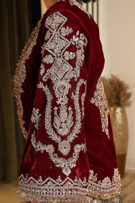 Buy_Soniya G_Maroon Velvet, Silk Zari, Metallic Thread, Dori Embellished Jacket Lehenga Set _Online_at_Aza_Fashions