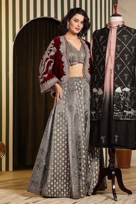 Soniya G_Maroon Velvet, Silk Zari, Metallic Thread, Dori Embellished Jacket Lehenga Set _at_Aza_Fashions