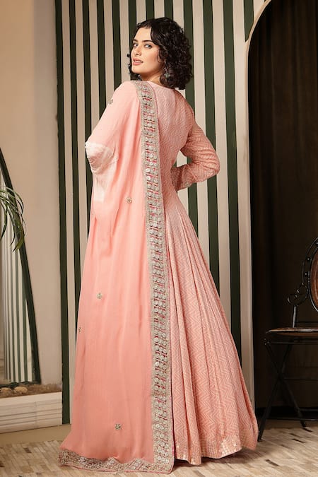 Shop Soniya G Pink Georgette Sequins, Embroidery, Metallic Bandhej Embellished Anarkali Set at Aza Fashions Shop_Soniya G_Pink Georgette Sequins, Embroidery, Metallic Bandhej Embellished Anarkali Set _at_Aza_Fashions