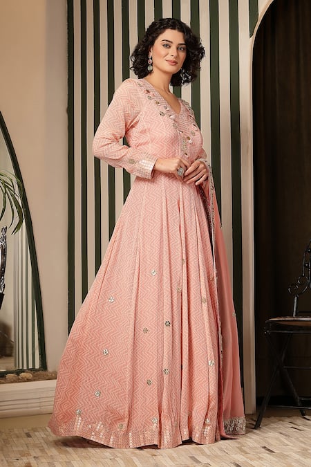 Soniya G Pink Georgette Sequins, Embroidery, Metallic Bandhej Embellished Anarkali Set Online at Aza Fashions Soniya G_Pink Georgette Sequins, Embroidery, Metallic Bandhej Embellished Anarkali Set _Online_at_Aza_Fashions
