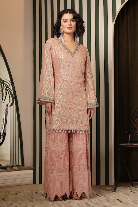 Soniya G_Pink Georgette Zari, Embroidery, Metallic Chikankari Floral Kurta Gharara Set _Online_at_Aza_Fashions