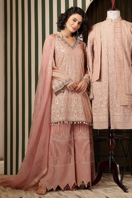 Soniya G_Pink Georgette Zari, Embroidery, Metallic Chikankari Floral Kurta Gharara Set _at_Aza_Fashions