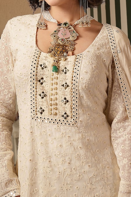 Shop_Soniya G_Ivory Georgette Embroidery, Metallic Thread, Tassels Round Chikankari Kurta Set _Online_at_Aza_Fashions