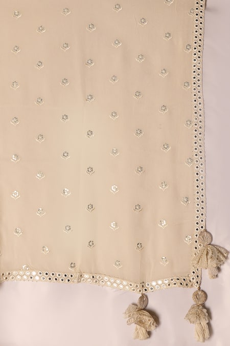 Soniya G_Ivory Georgette Embroidery, Metallic Thread, Tassels Round Chikankari Kurta Set _at_Aza_Fashions