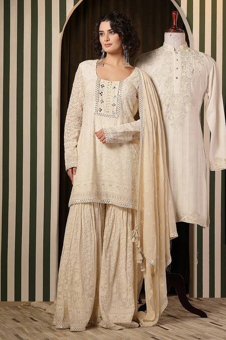 Buy_Soniya G_Ivory Georgette Embroidery, Metallic Thread, Tassels Round Chikankari Kurta Set 