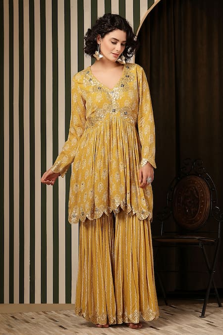 Soniya G_Yellow Georgette, Silk Mirrors, Embroidery Bandhani Print Peplum Top Gharara Set _Online_at_Aza_Fashions