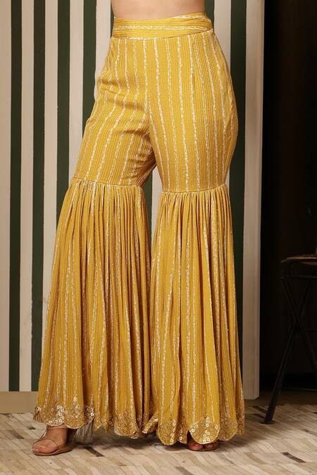 Buy_Soniya G_Yellow Georgette, Silk Mirrors, Embroidery Bandhani Print Peplum Top Gharara Set 