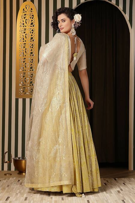 Shop_Soniya G_Beige Georgette Sequins, Gota Patti, Embroidery V-neck Floral Woven Lehenga Set _at_Aza_Fashions