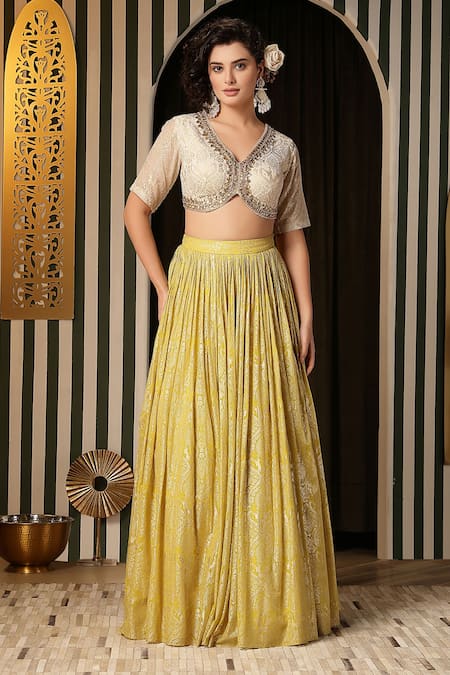 Soniya G_Beige Georgette Sequins, Gota Patti, Embroidery V-neck Floral Woven Lehenga Set _Online_at_Aza_Fashions
