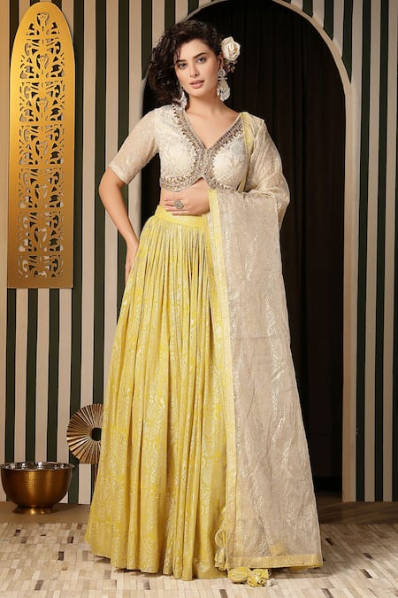 Shop_Soniya G_Beige Georgette Sequins, Gota Patti, Embroidery V-neck Floral Woven Lehenga Set _Online_at_Aza_Fashions
