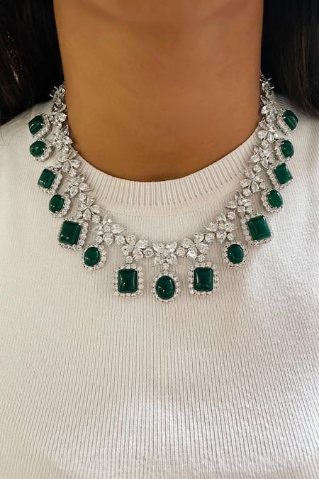 PRERTO Green Diamonds, Stones Emerald Necklace And Earring Set Online at Aza Fashions PRERTO_Green Diamonds, Stones Emerald Necklace And Earring Set _Online_at_Aza_Fashions