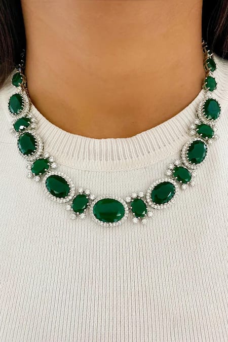 Buy PRERTO Green Diamonds, Stones Emerald Necklace And Earring Set Online at Aza Fashions Buy_PRERTO_Green Diamonds, Stones Emerald Necklace And Earring Set _Online_at_Aza_Fashions