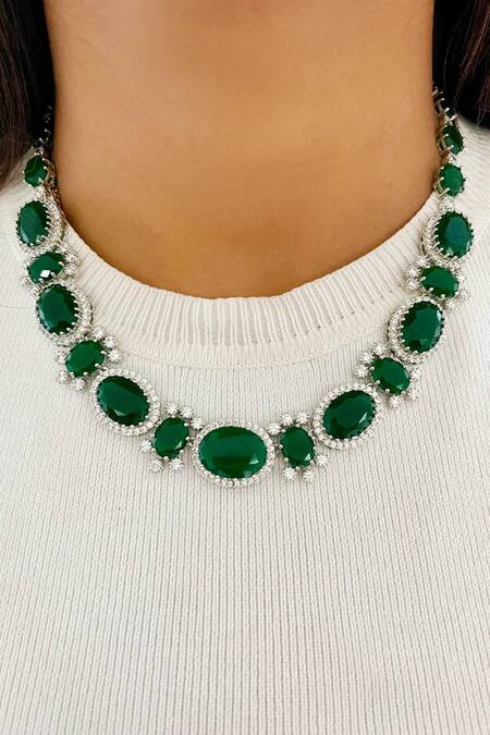 PRERTO_Green Diamonds, Stones Emerald And Necklace Set_Online_at_Aza_Fashions
