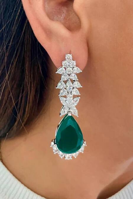 Shop_PRERTO_Green Diamonds, Stones Emerald And Necklace Set_Online_at_Aza_Fashions