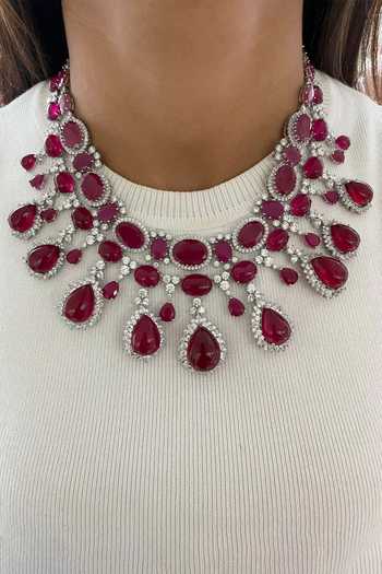 Buy PRERTO Red Diamonds, Stones Ruby And Necklace Set at Aza Fashions Buy_PRERTO_Red Diamonds, Stones Ruby And Necklace Set_at_Aza_Fashions