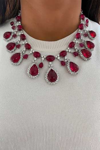 Buy PRERTO Red Diamonds, Stones Ruby And Necklace Set Online at Aza Fashions Buy_PRERTO_Red Diamonds, Stones Ruby And Necklace Set_Online_at_Aza_Fashions