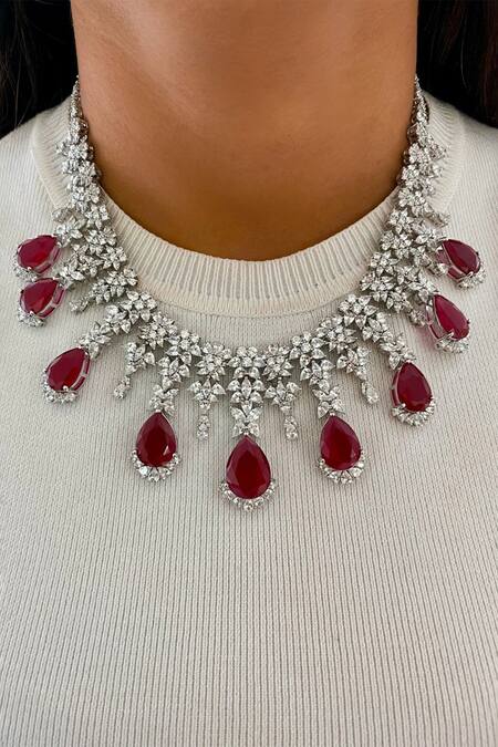 Buy_PRERTO_Red Rhinestones Ruby And Diamond Stone Necklace & Earring Set_Online_at_Aza_Fashions