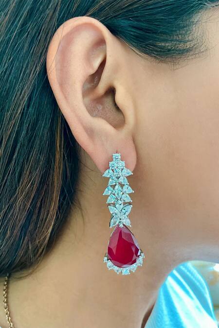 Shop_PRERTO_Red Rhinestones Ruby And Diamond Stone Necklace & Earring Set_Online_at_Aza_Fashions