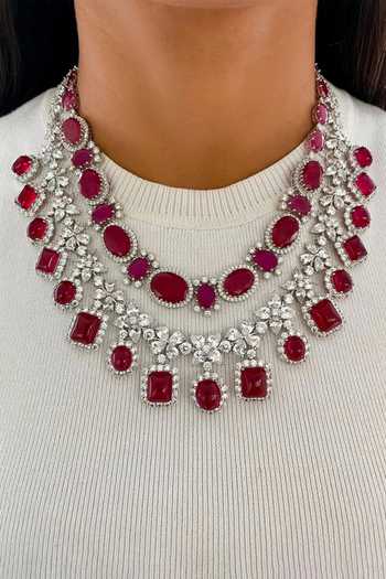 PRERTO_Red Diamonds, Rhinestones Ruby Necklace And Earring Set_Online_at_Aza_Fashions