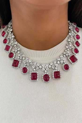 Buy_PRERTO_Red Diamonds, Rhinestones Ruby Necklace And Earring Set_Online_at_Aza_Fashions
