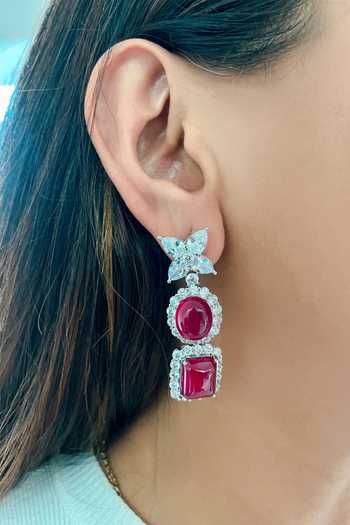 Shop_PRERTO_Red Diamonds, Rhinestones Ruby Necklace And Earring Set_Online_at_Aza_Fashions